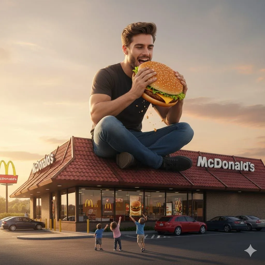 Sunset rooftop giant burger — Sonra