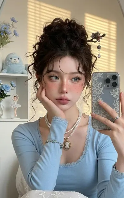 Ultra photorealistic igari makeup mirror selfie blue lace