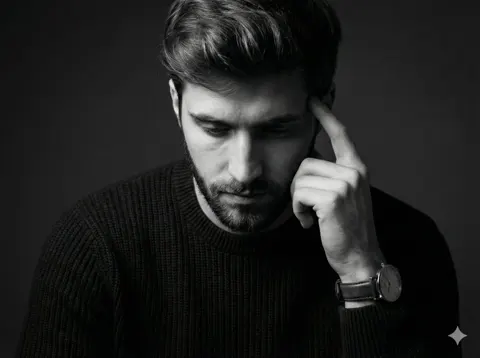 Pensive man black white portrait