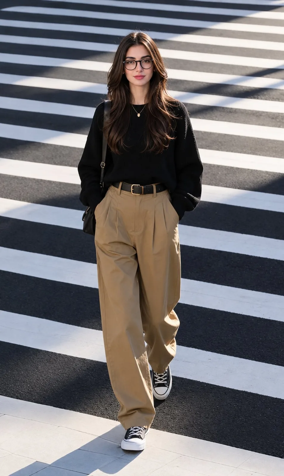 Stylish woman walking zebra crossing urban fashion — Sonra