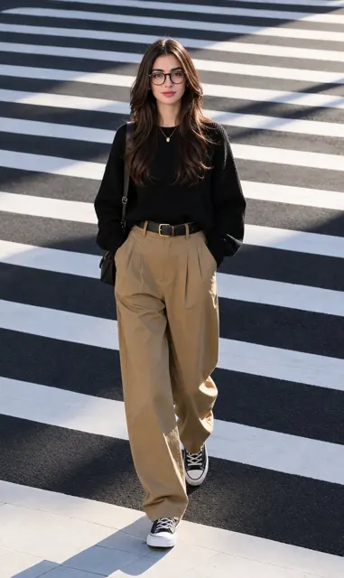 Stylish woman walking zebra crossing urban fashion