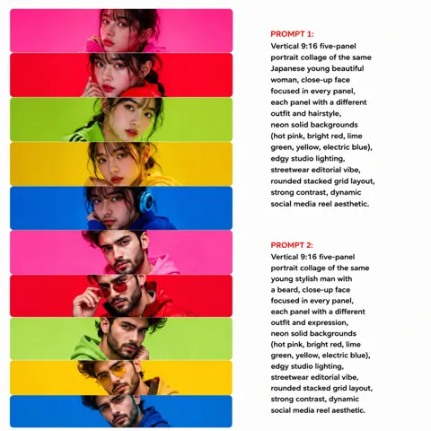 Vertical five panel neon portrait collage
