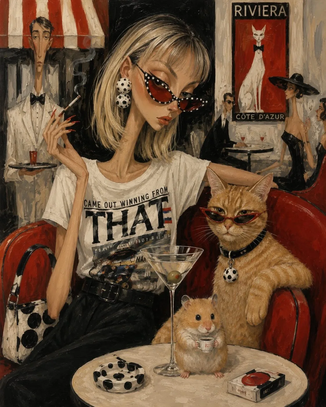 Chic fashionista riviera cat oil painting — Sonra