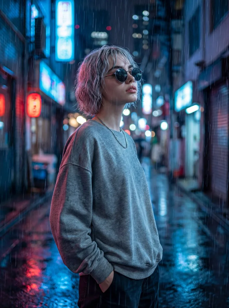 Rainy neon alley hyper realistic portrait — Sonra