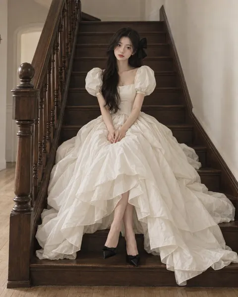 East asian woman editorial fashion staircase portrait