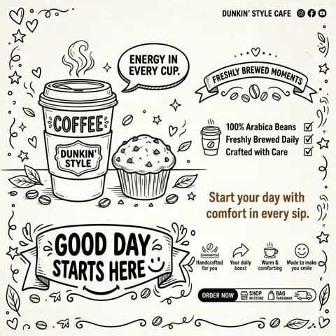 Coffee shop black and white line art ad