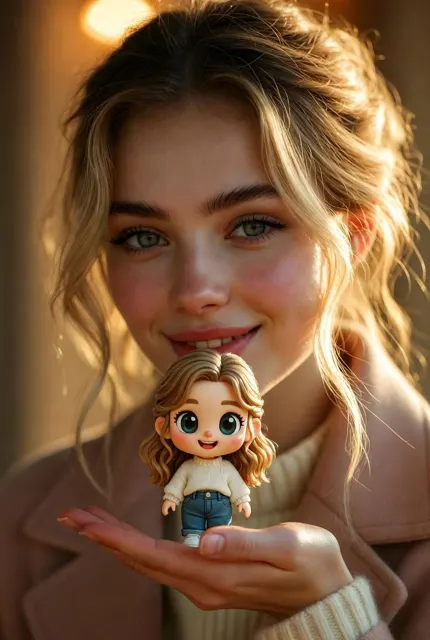 Elegant woman holding chibi figurine