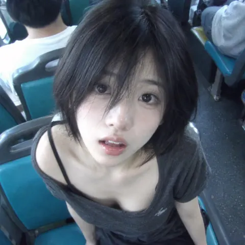 High angle bus selfie east asian woman low res texture