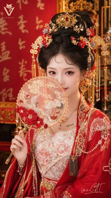 New chinese tang style red gold wedding portrait