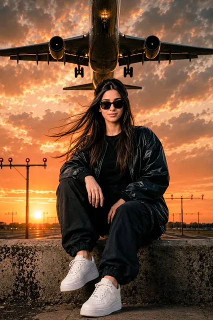 Filipina woman airport runway white streetwear cinematic portrait