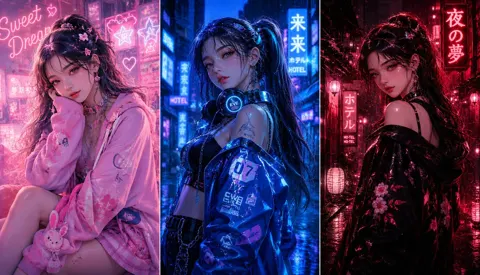 Three panel kpop anime fashion collage
