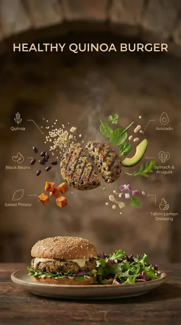 Floating deconstructed quinoa burger