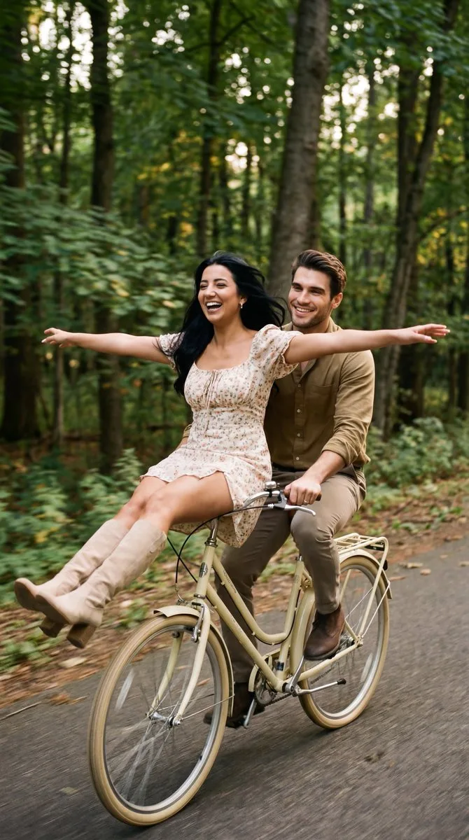 Forest cycling couple open arms — Sonra