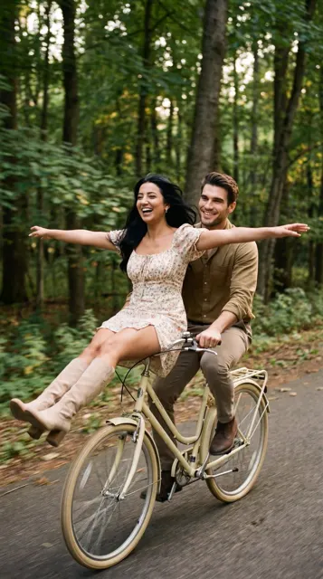 Forest cycling couple open arms