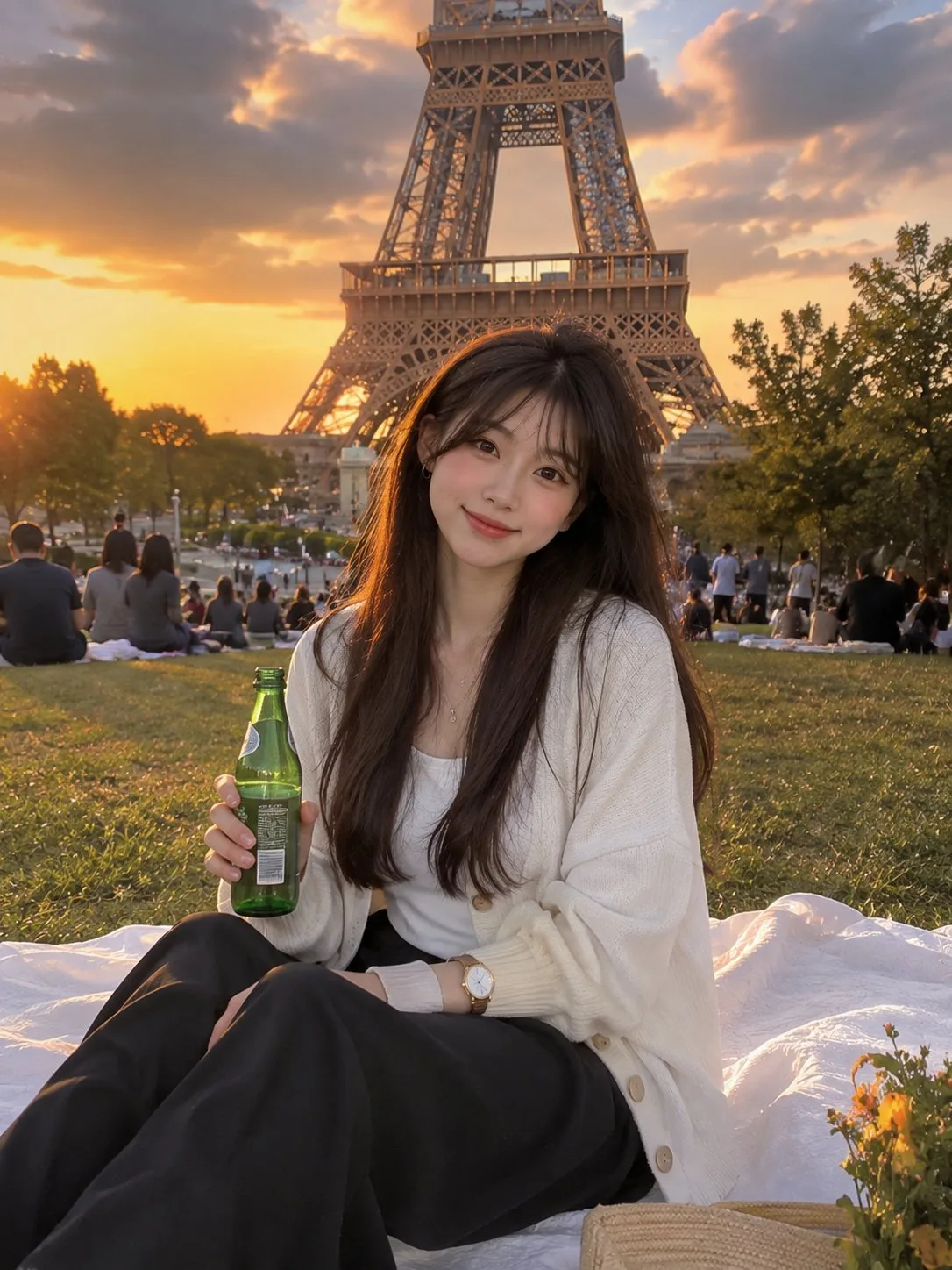 Beautiful woman eiffel tower golden hour — Sonra