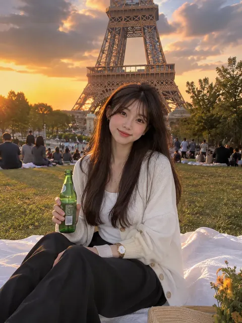 Beautiful woman eiffel tower golden hour