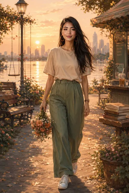 Full body portrait woman lakeside park golden hour