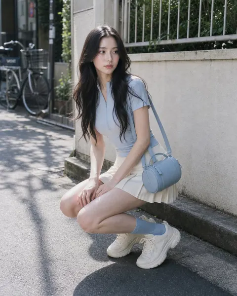 Powder blue cycling top cream pleated skort outfit