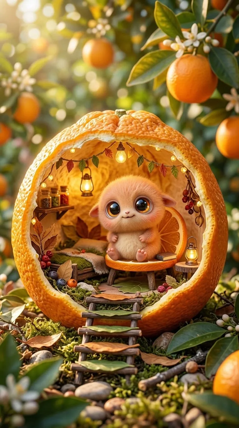 Ultra cute creature fruit house fantasy scene — After