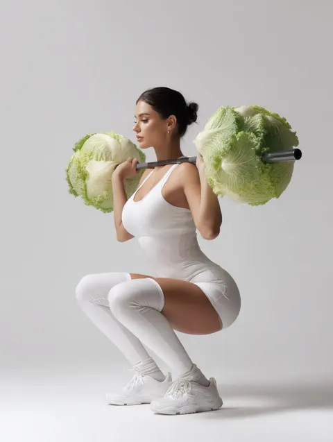Fit woman squatting with cabbage barbell mario testino style