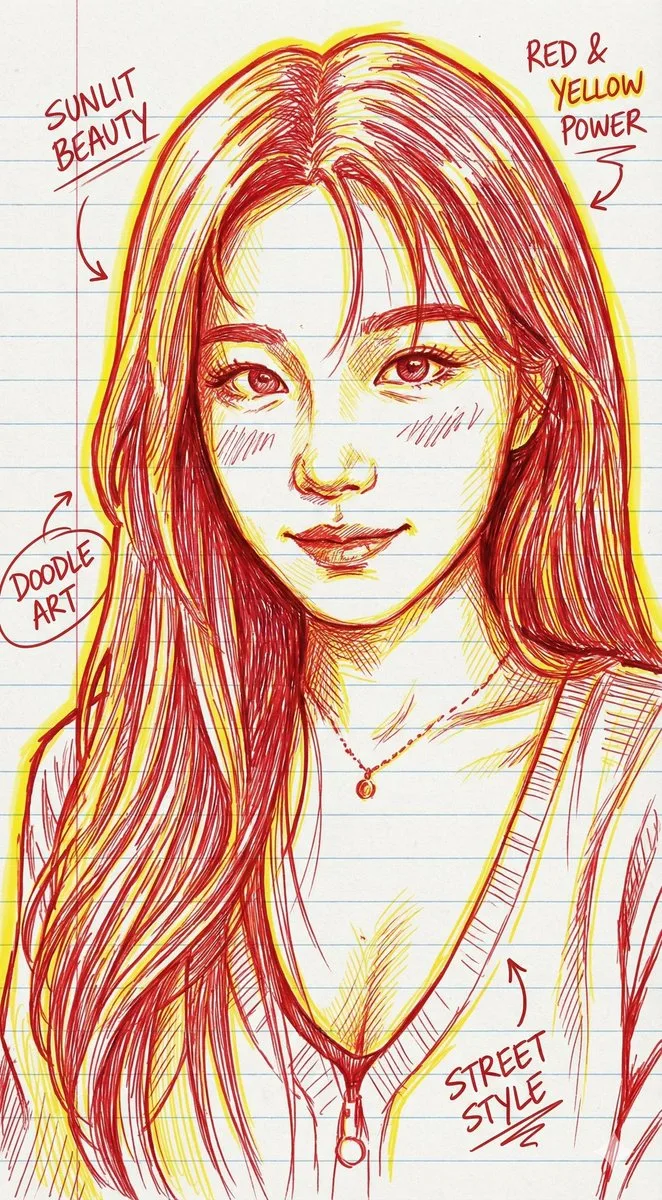 红黄两色手绘肖像画插图 — Sonra