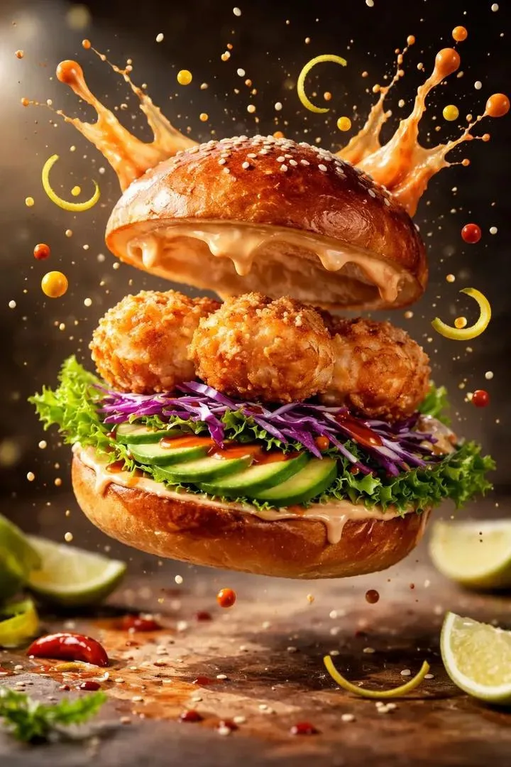 Cinematic suspended shrimp burger — Sonra