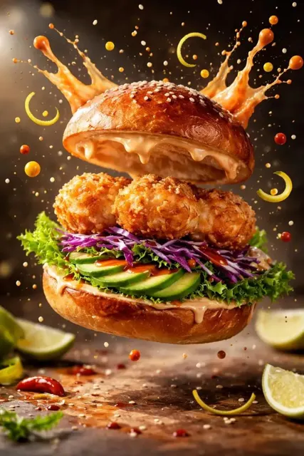 Cinematic suspended shrimp burger