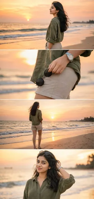 Ultra realistic dslr cinematic beach photoshoot collage