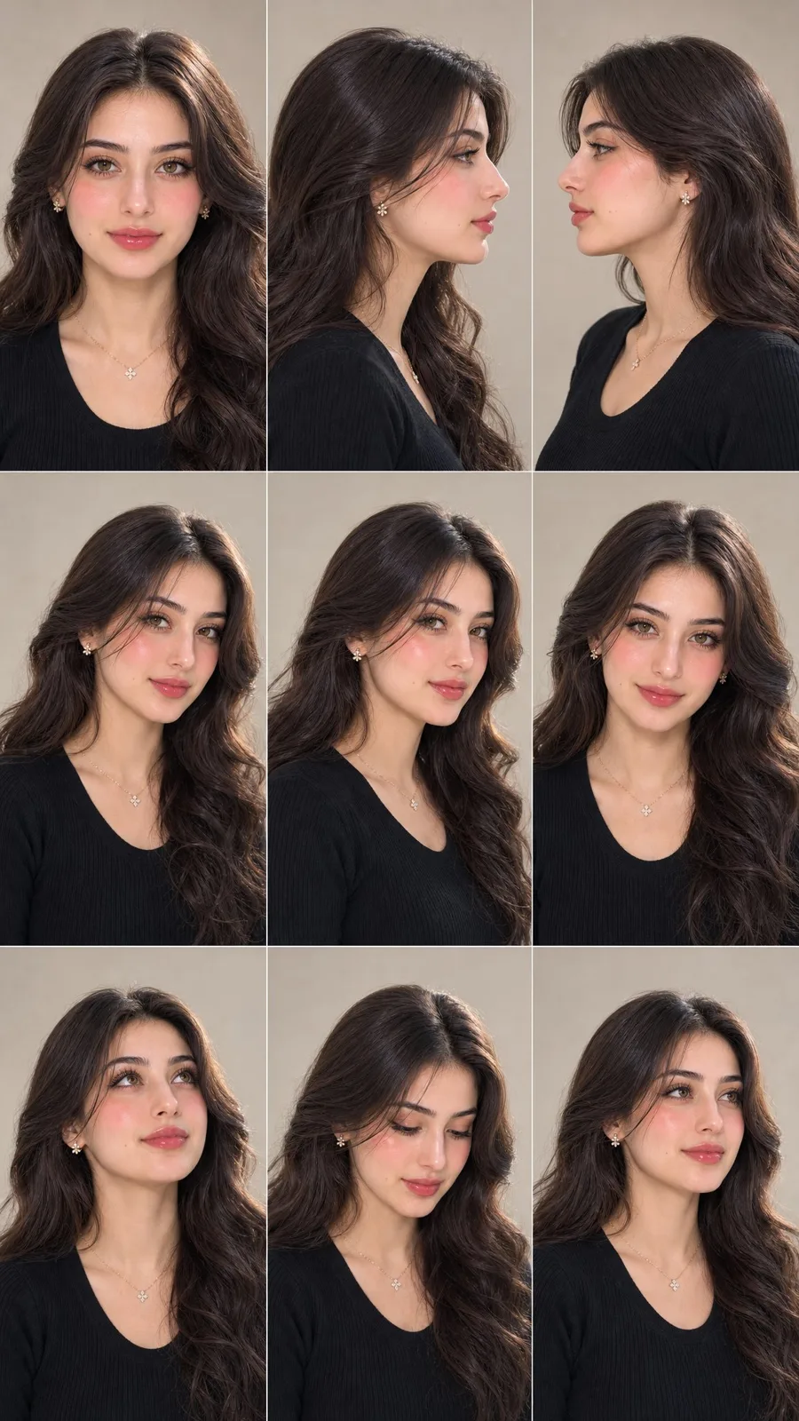 3x3 photographic portrait contact sheet identity lock — After