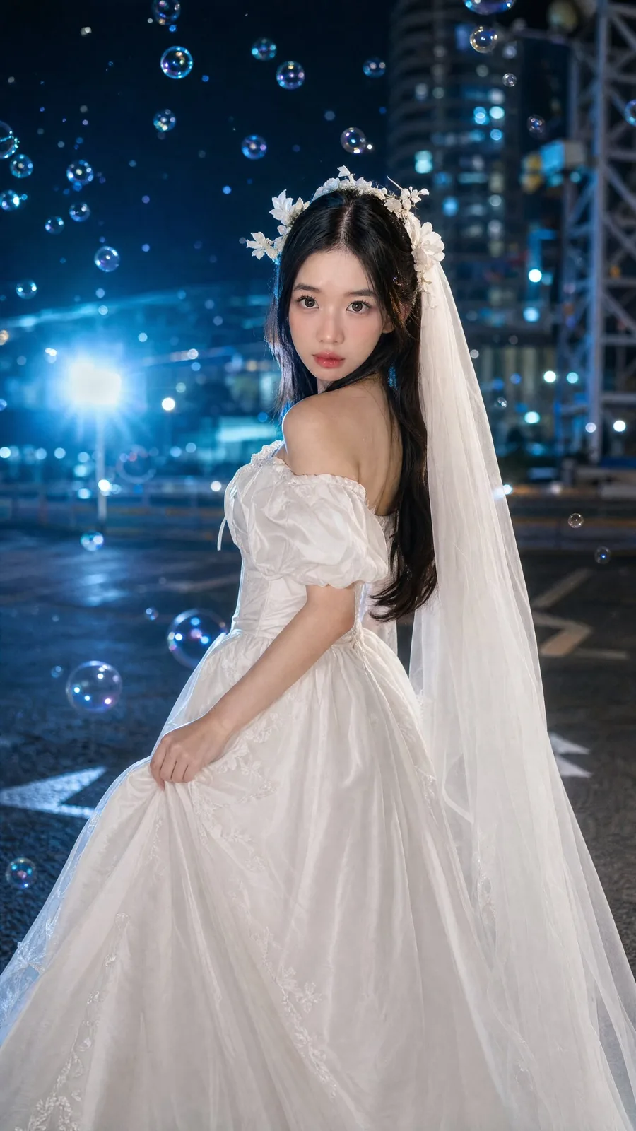 Cinematic night urban wedding dress portrait — After