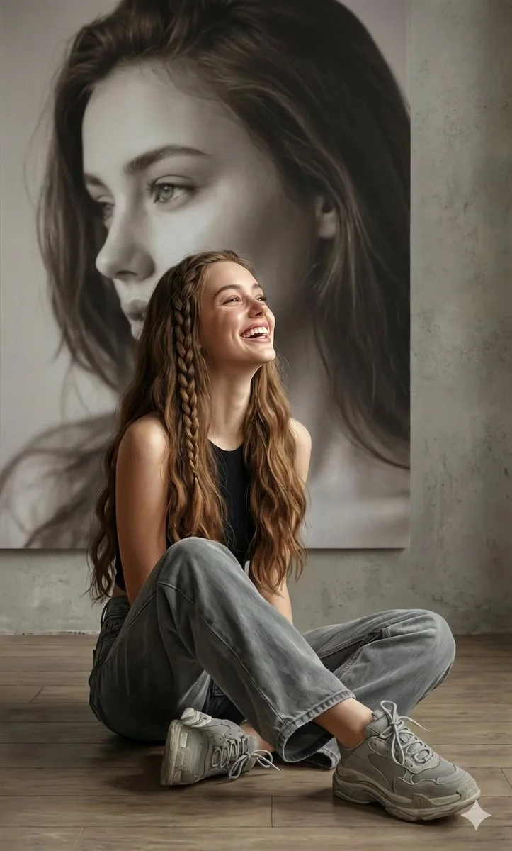 Hyperrealistic laughing fashion portrait — After