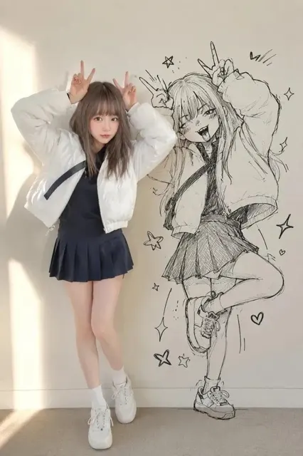 Realistic person and doodle shadow mischievous pose