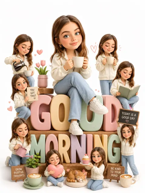 Pixar style 3d chibi good morning scene
