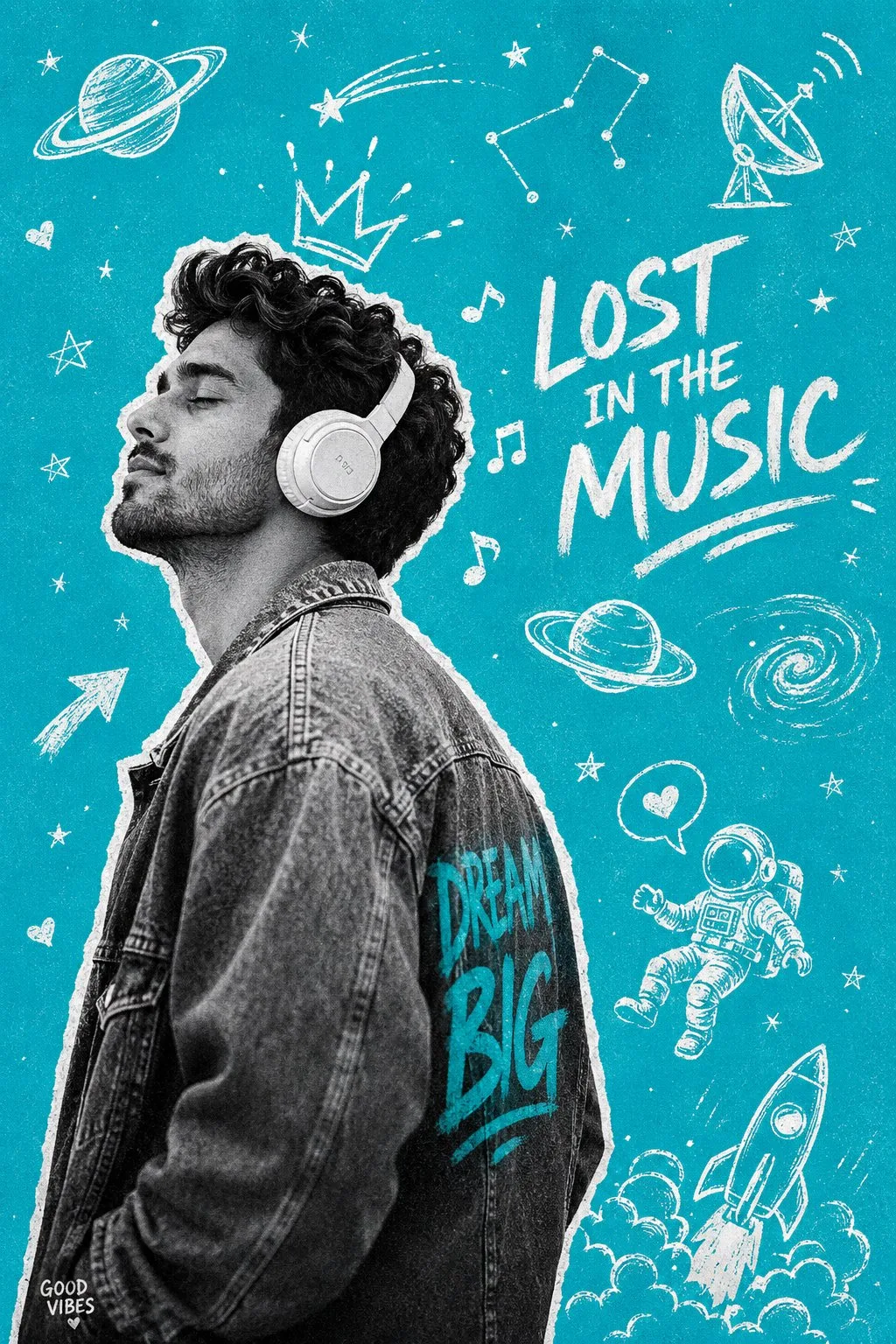 Bw photo cutout teal doodle universe poster — Sonra