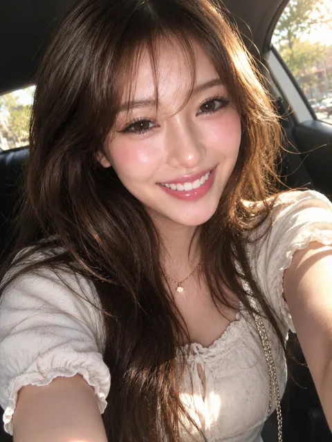 East asian woman car selfie golden hour ultra realistic