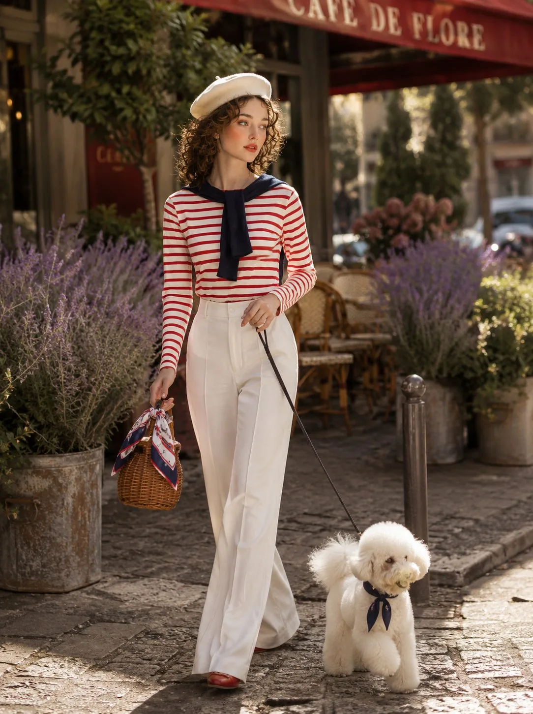 Stylish woman beret poodle paris cafe — Sonra