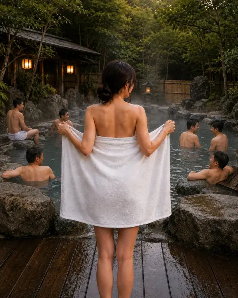 Outdoor hot spring towel challenge female back
