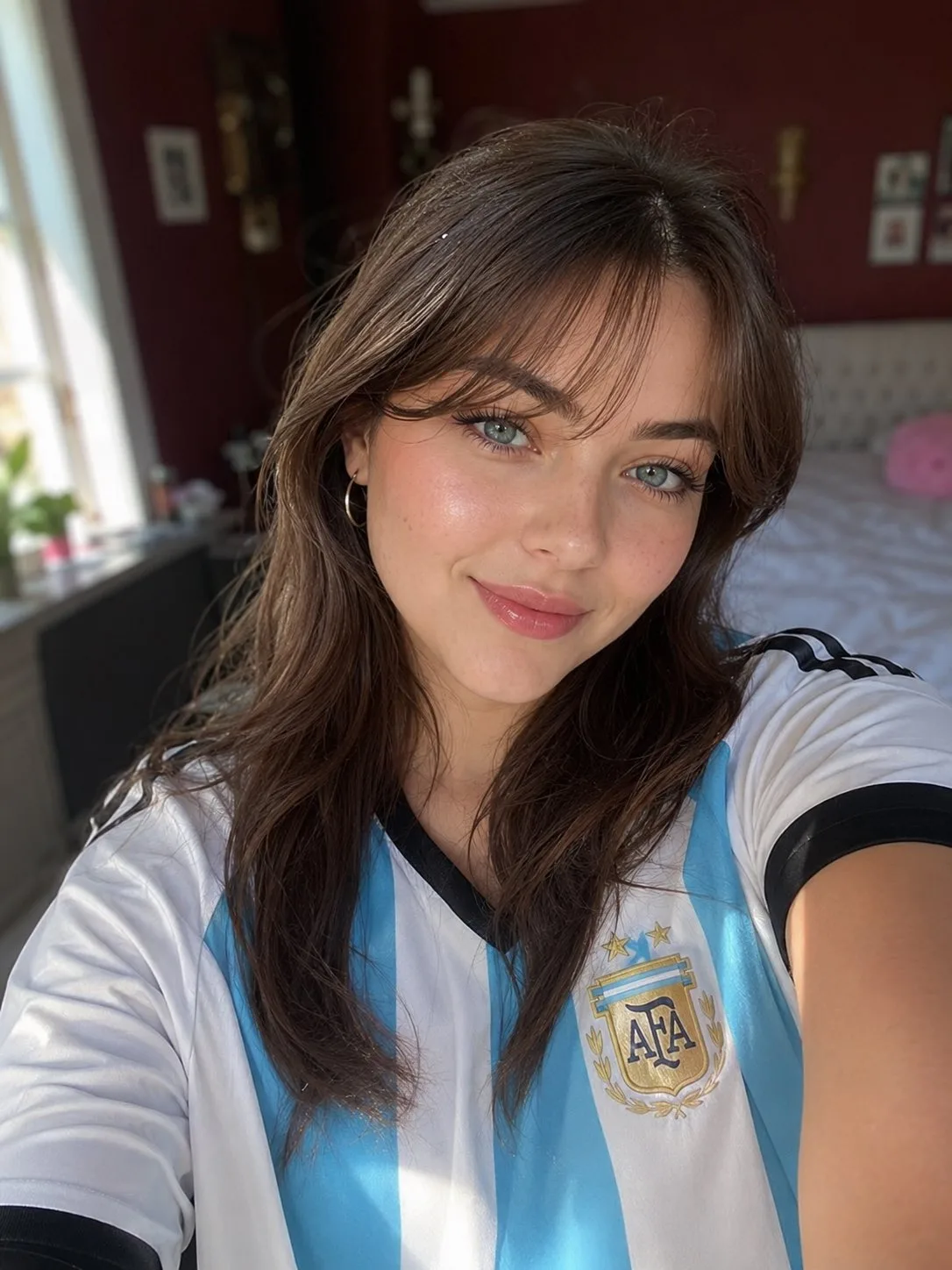 Realistic argentina jersey woman bedroom selfie — After