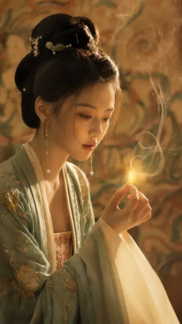 Cinematic east asian woman glowing petal hanfu