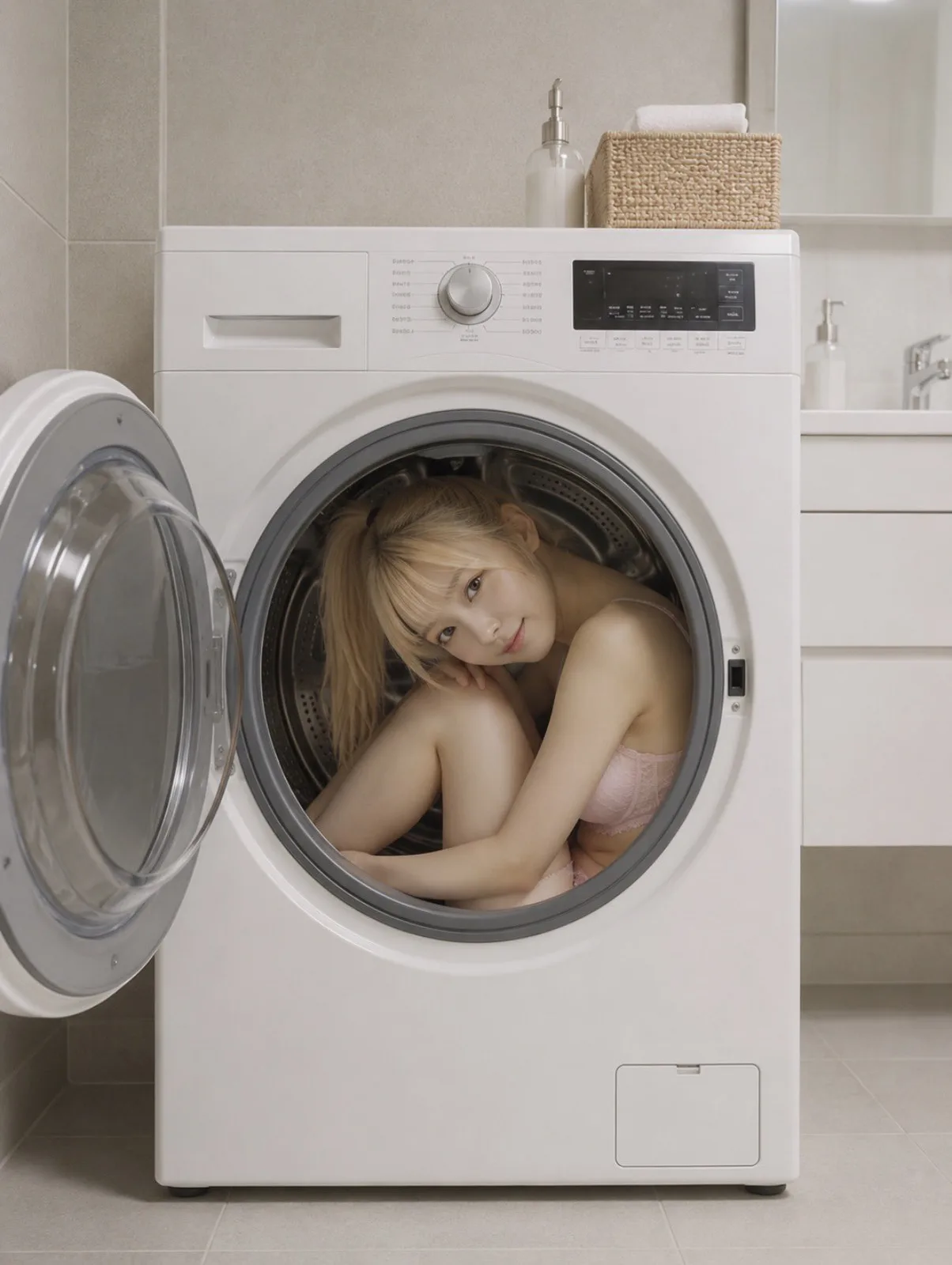 Pink john washing machine bathroom composition — Sonra