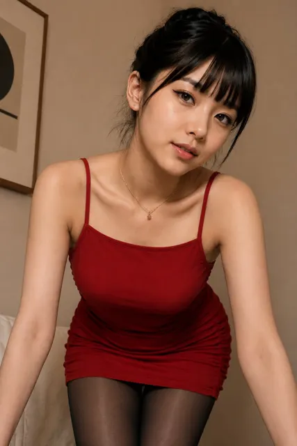 Japanese woman red mini dress fashion portrait