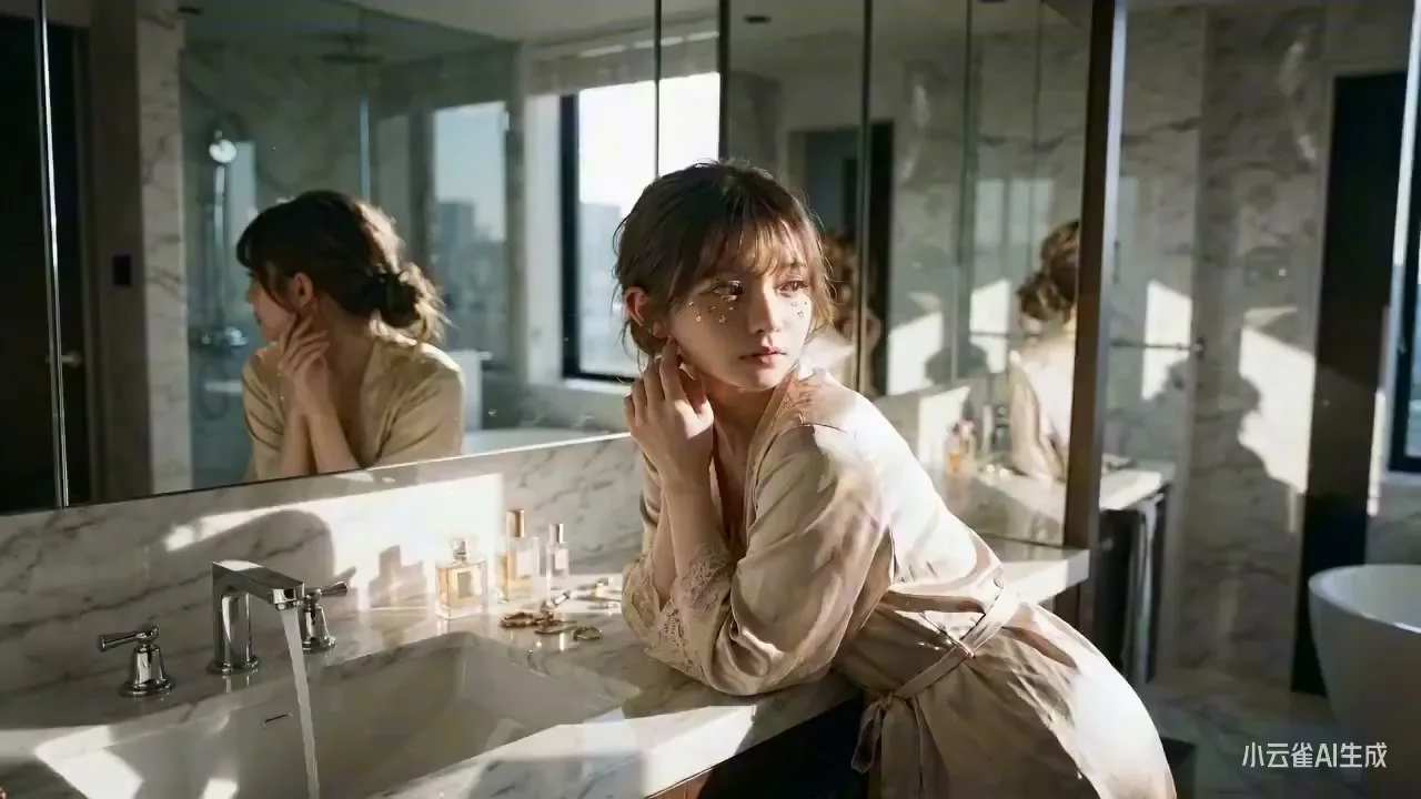Elegant woman bathroom sunlight — Sonra
