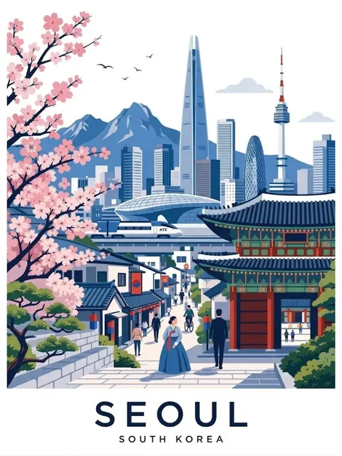 Retro flat vector city travel poster