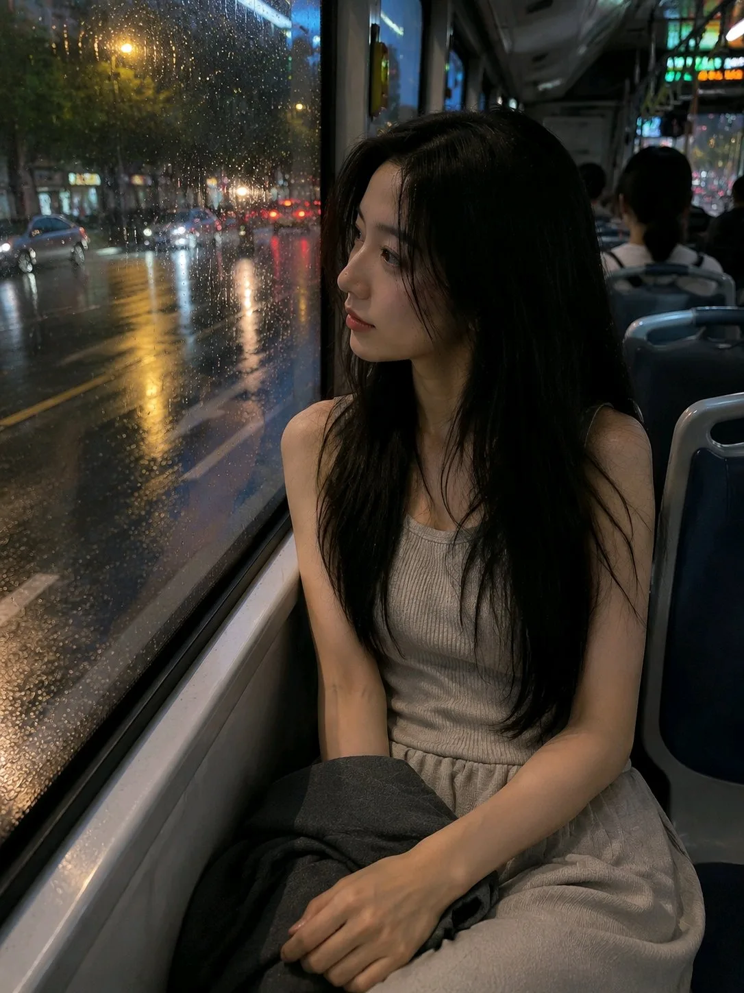 Asian woman bus window after rain photography — Sonra