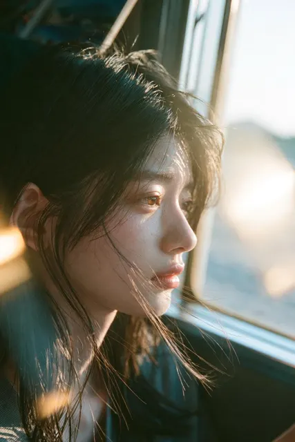 Melancholic east asian woman seaside golden hour