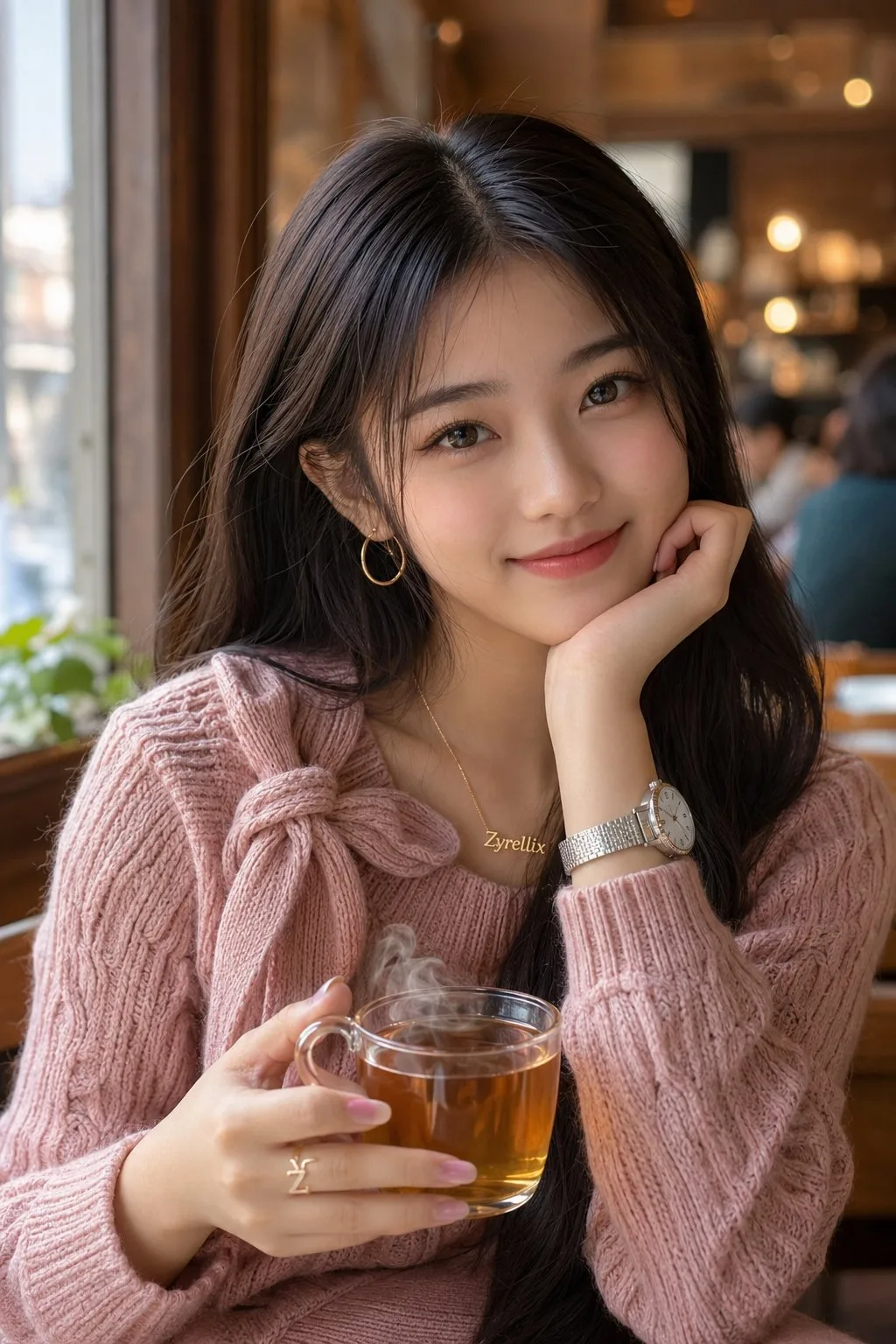 East asian woman cafe dusty pink sweater — After