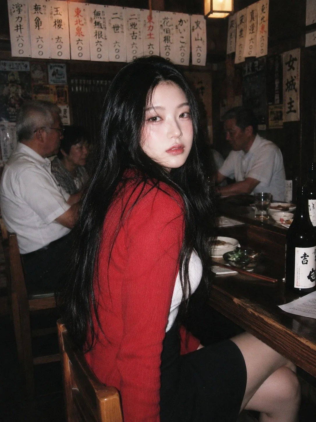 90s disposable camera japanese izakaya woman red cardigan — After
