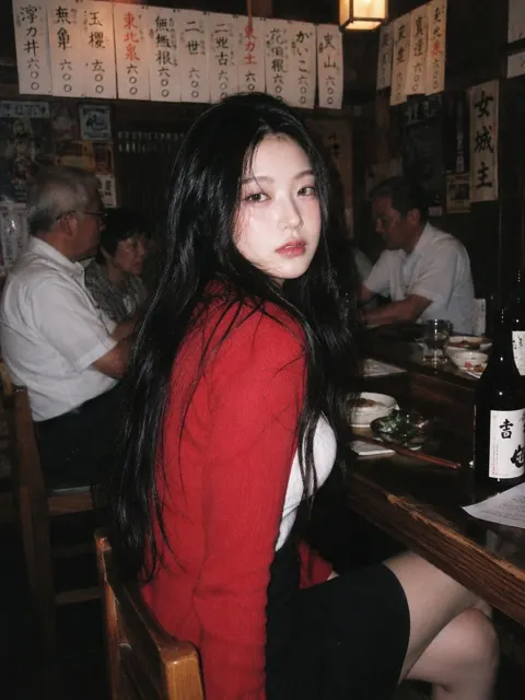 90s disposable camera japanese izakaya woman red cardigan