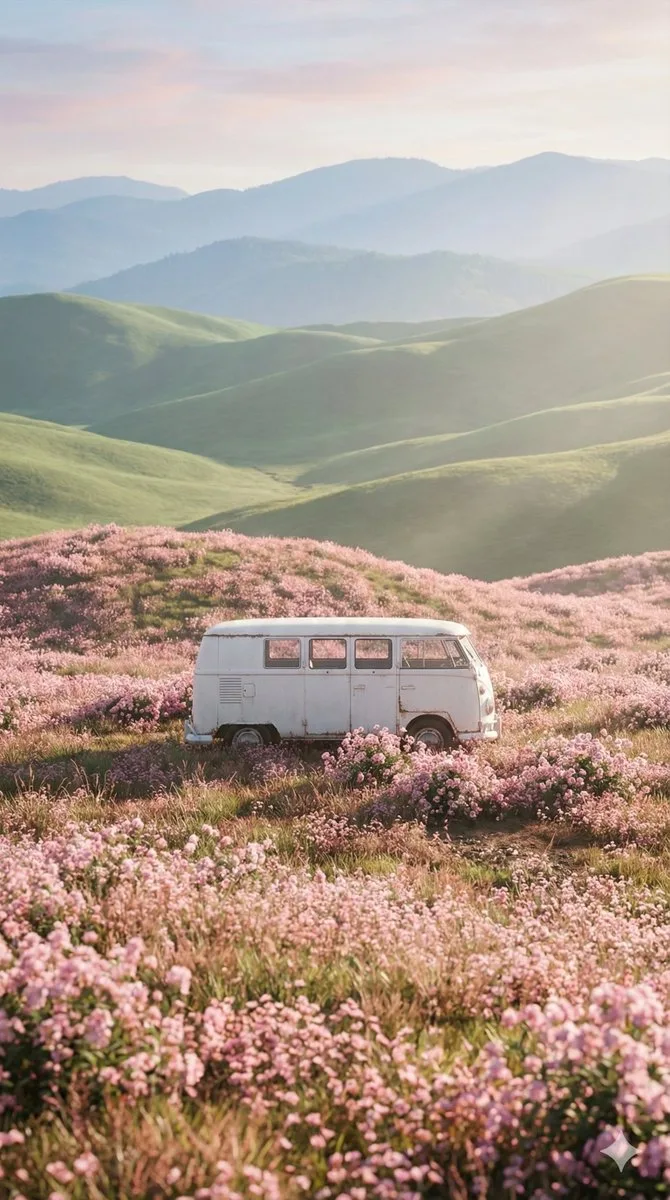 Pink flower field vintage van — Sonra