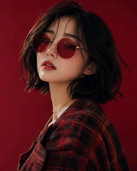 Fashion editorial portrait red sunglasses tartan coat